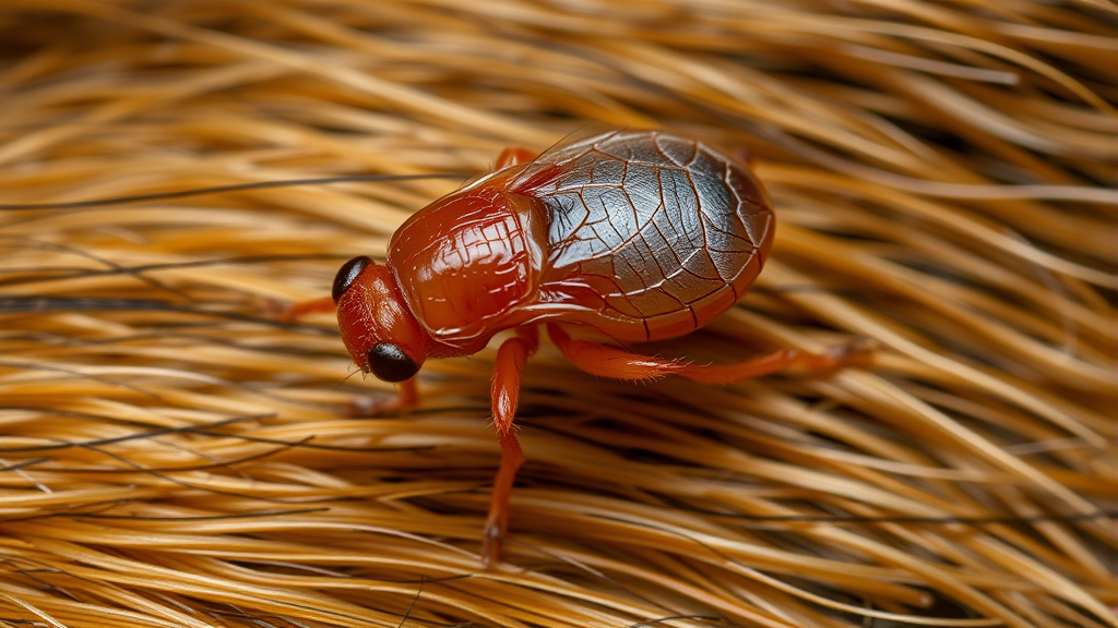 Close-up microscopic view of brown flea on dog fur, detailed parasitic insect, no text no words no letters