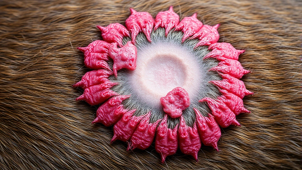 Close-up of a dog's fur showing a circular patch of hair loss with raised red inflamed edges and scaling, typical ringworm lesion on canine skin, natural lighting