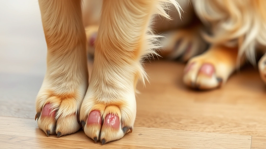 Golden retriever with visible circular bald patches and skin inflammation on its paws and lower legs, demonstrating advanced ringworm infection progression