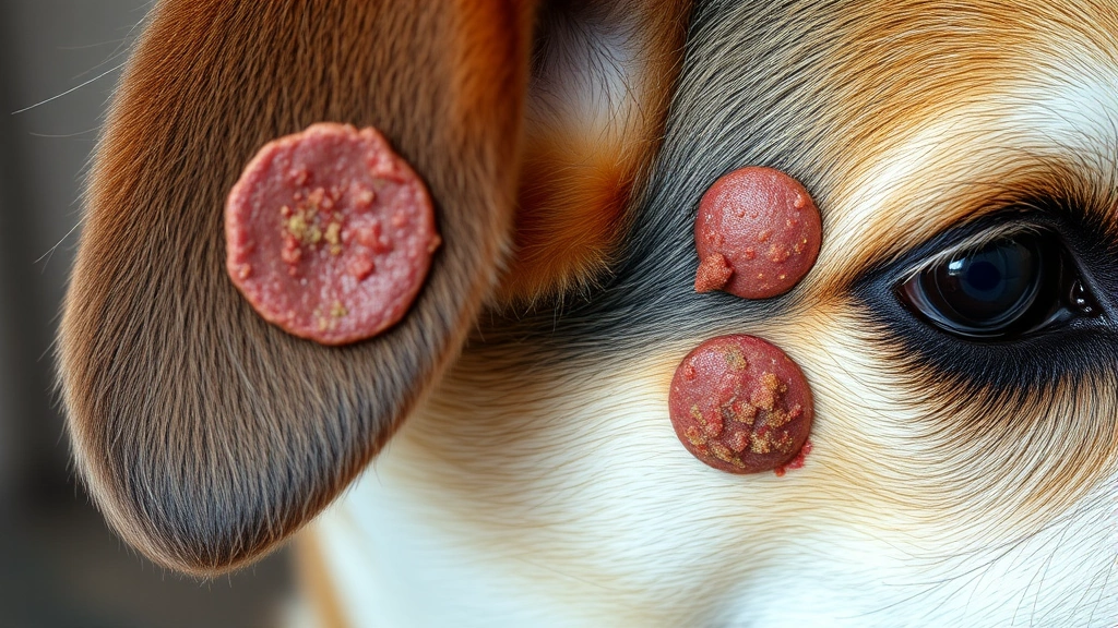 Detailed view of a dog's ear and face area with scaly, crusty circular lesions and broken hair characteristic of fungal infection, veterinary dermatology perspective