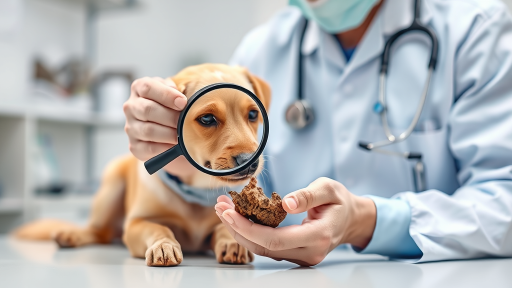 Veterinarian examining dog stool sample with magnifying glass in clinic, professional medical setting, no text no words no letters