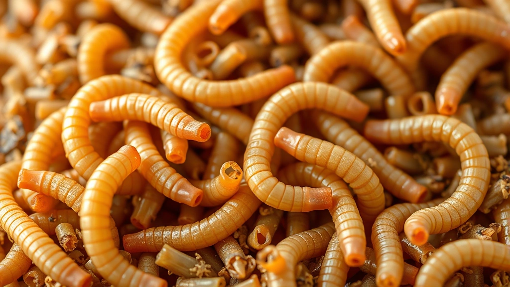 Photorealistic macro photography of roundworms in dog feces, showing tan cylindrical parasites, natural lighting