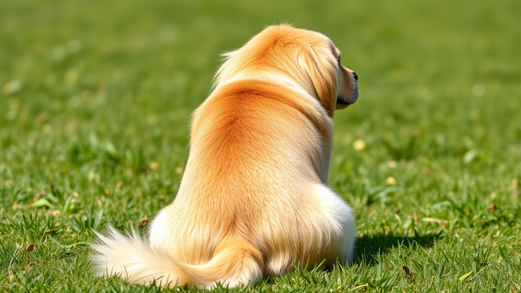 Golden Retriever sitting uncomfortably on grass, looking back at its rear end with a distressed expression, outdoor sunny day setting
