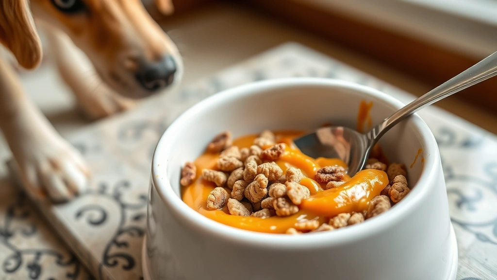 Close-up of a dog's food bowl containing pumpkin puree mixed with kibble, with a spoon resting nearby on a kitchen counter