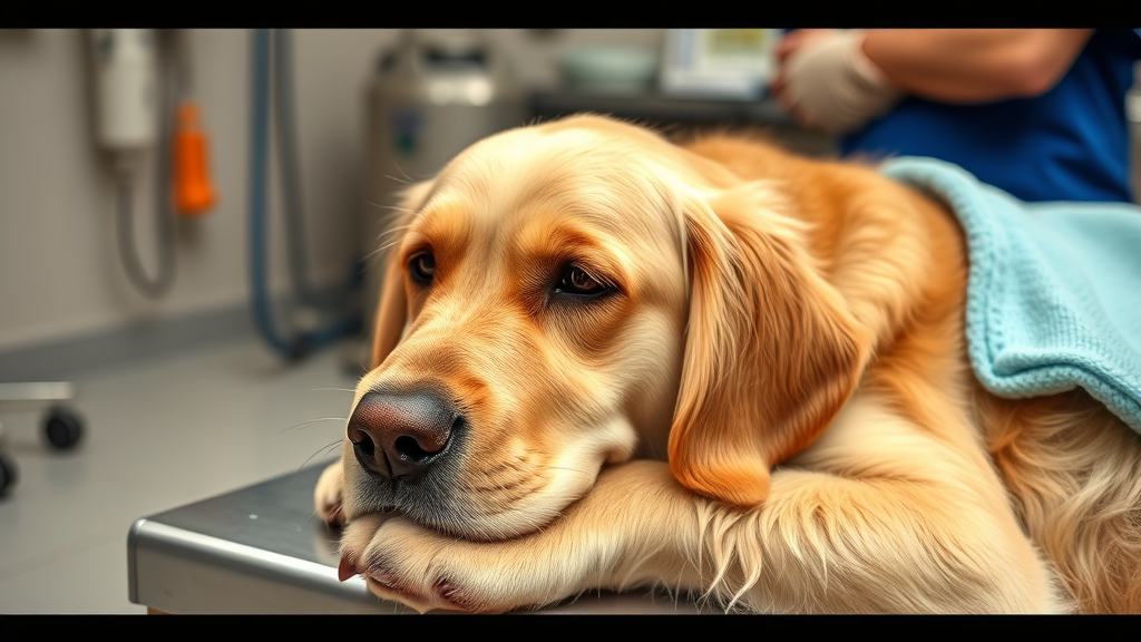 Golden retriever lying on side during medical episode, veterinary setting, concerned owner nearby, no text no words no letters