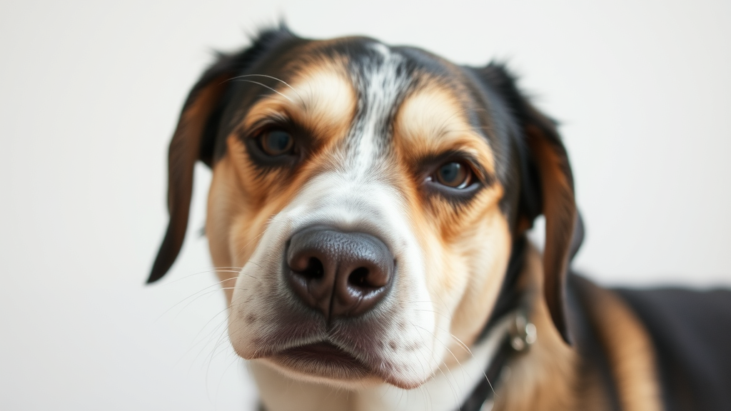 Close up of dog's face showing confusion and disorientation, post seizure recovery phase, gentle lighting, no text no words no letters