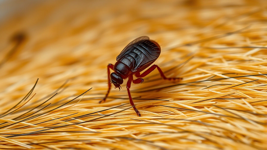 Close-up macro photography of a single adult flea on dog fur, showing detailed body structure and legs, dark brown coloring, photorealistic
