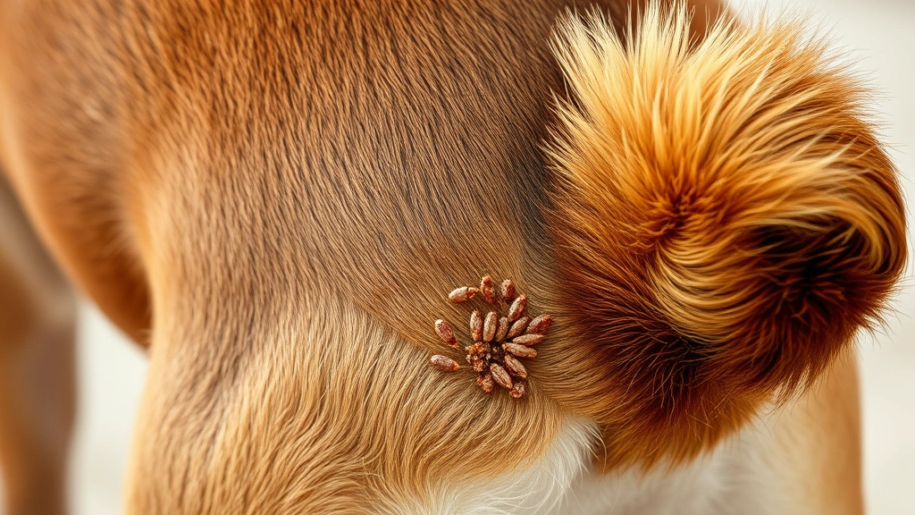 Dog scratching at base of tail area with visible flea dirt particles in fur, showing typical flea infestation location, photorealistic style