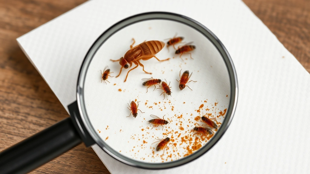 Magnified view of flea comb with caught fleas and flea dirt on white paper towel, clear detail of parasites, photorealistic photography