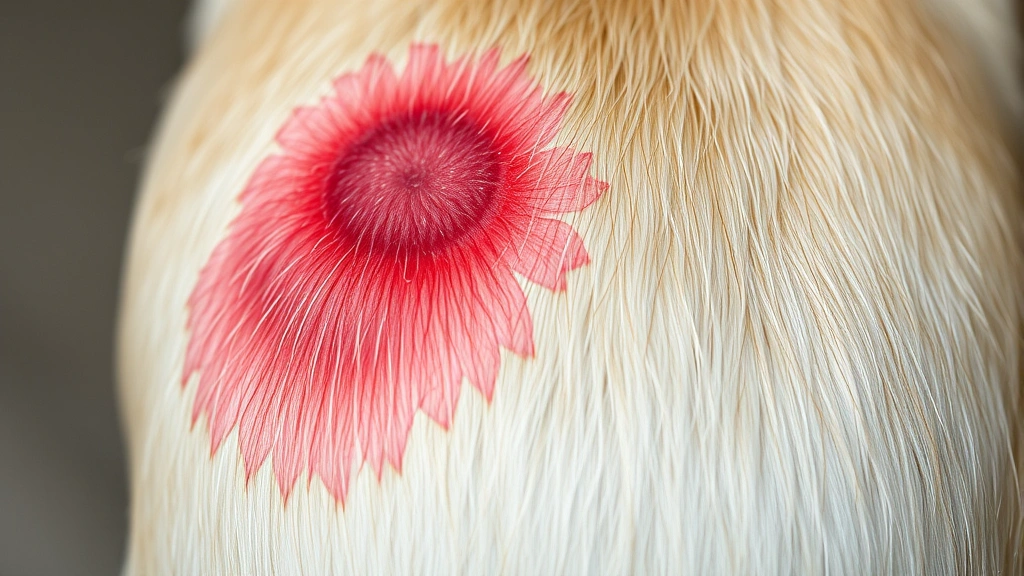 Close-up of a dog's inflamed red skin lesion on the rear quarter, showing moist, irritated tissue with surrounding hair loss and matted fur, photorealistic