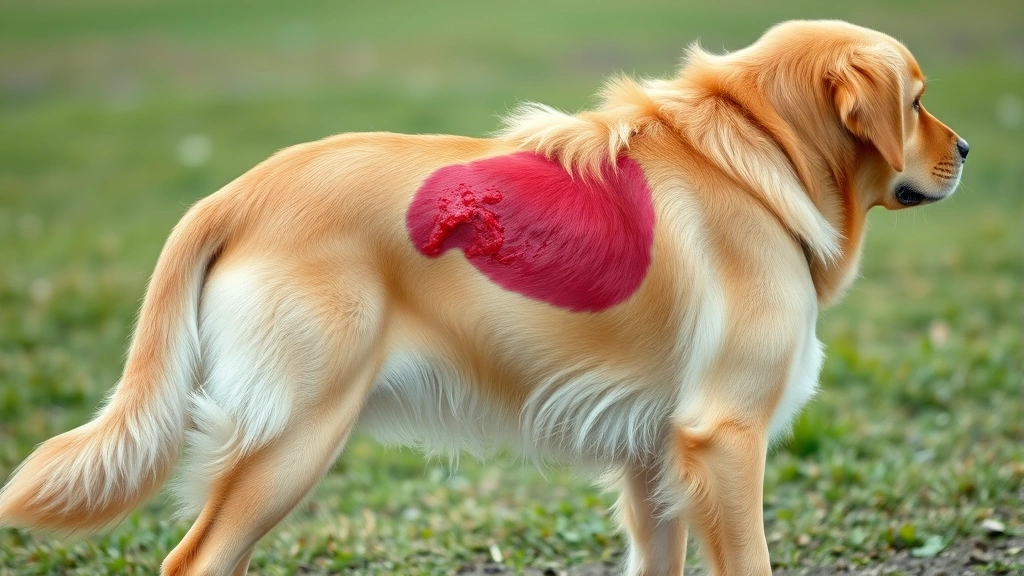 Side profile of a golden retriever showing a visible red, swollen patch on its hindquarters above the tail, with wet-looking inflamed skin and missing fur