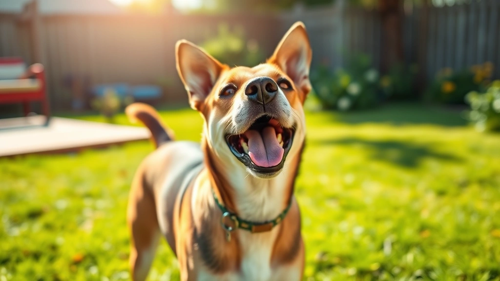 Close-up of a healthy dog standing in a sunny backyard, alert and active, showing good health and vitality