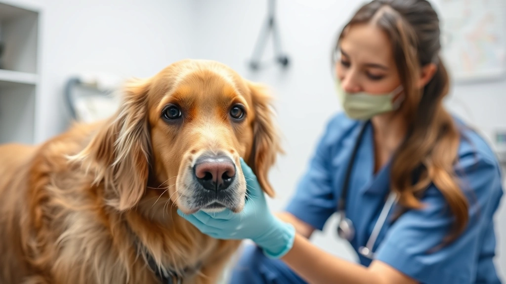 Golden retriever being examined by a veterinarian in a clean clinic setting, focused on health check