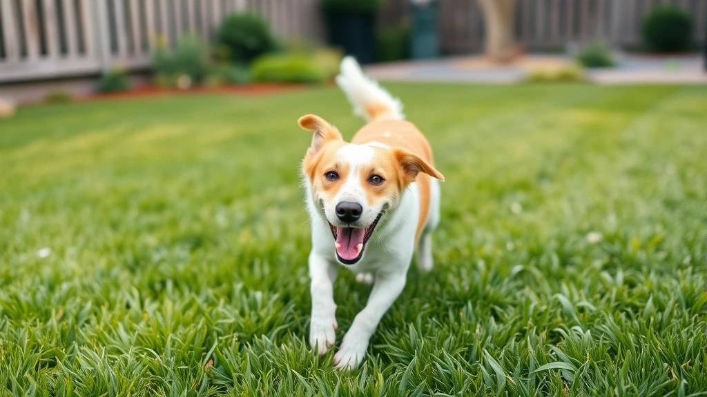 Happy dog playing outdoors in a well-maintained yard with green grass, demonstrating parasite prevention through proper environment