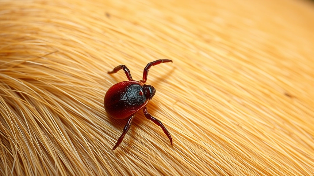 Close-up macro photograph of a single engorged tick on dog skin, showing bloated reddish-brown body with thin legs, photorealistic detail