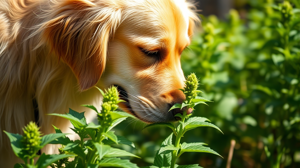 Golden retriever dog sniffing fresh green catnip plant in sunny garden, natural lighting, no text no words no letters