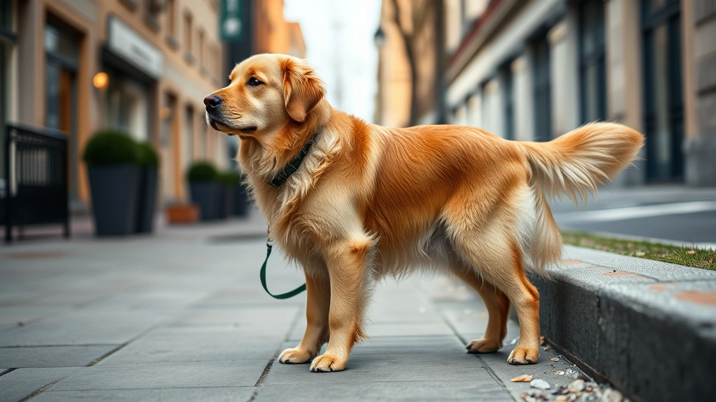 Golden retriever standing at street curb during daytime walk, attentive posture, urban sidewalk background with blurred buildings