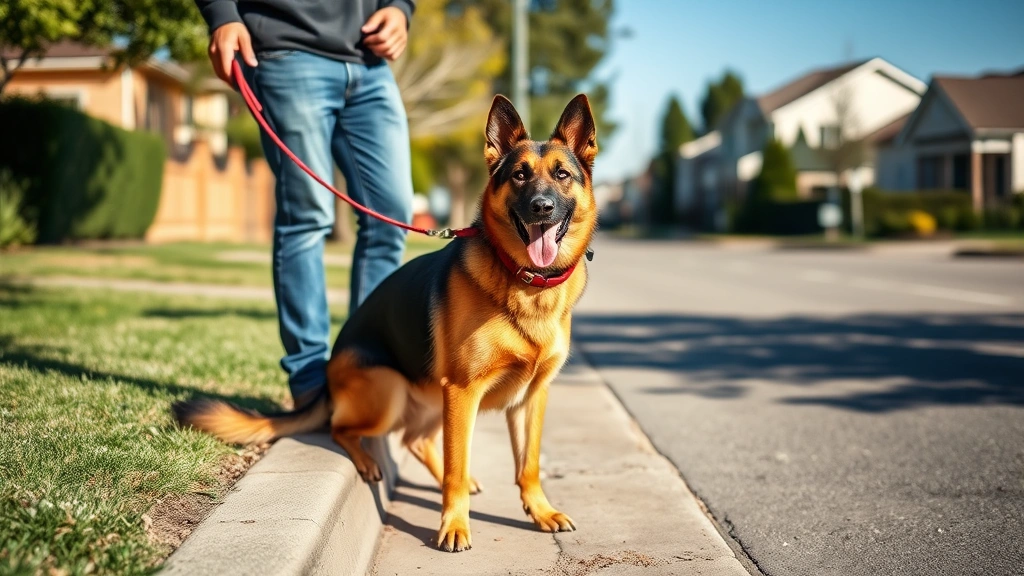 Dog owner holding leash while their German Shepherd positions at concrete curb edge, sunny neighborhood setting, residential street