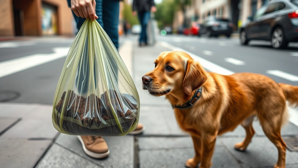 Close-up of a dog owner's hand holding a waste bag while their brown dog stands on a city street curb, showing responsible pet care