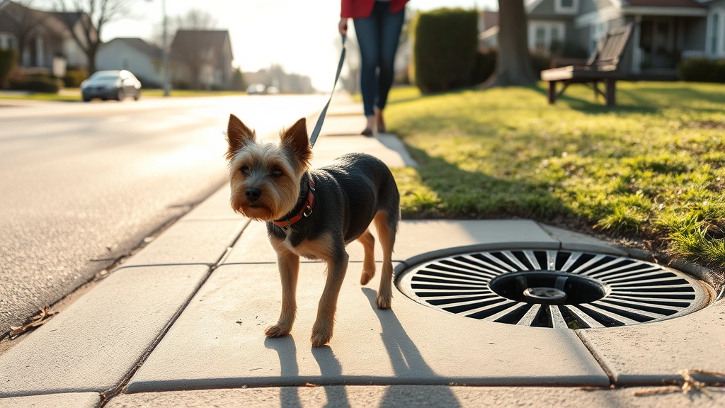 Small terrier mix on sidewalk near storm drain curb, leashed walk in residential area, morning light, peaceful suburban street