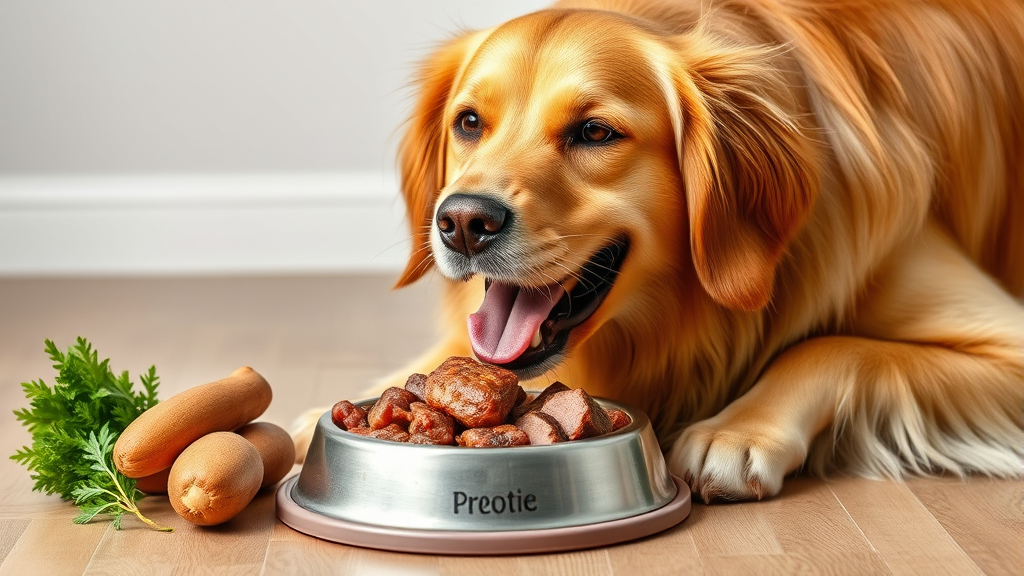 Happy golden retriever dog eating from food bowl with various meat proteins, no text no words no letters