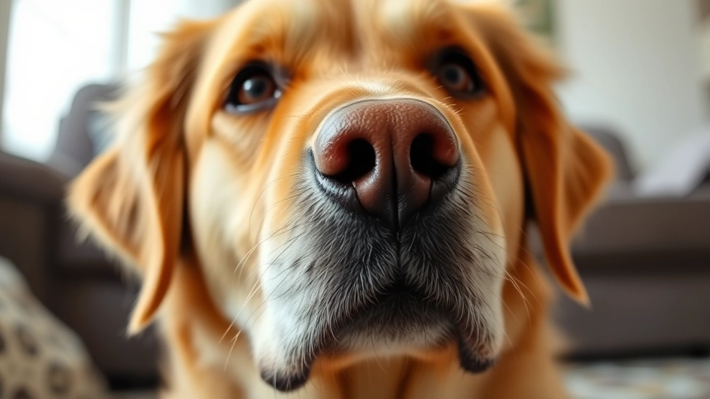 Close-up of a concerned golden retriever's face looking at the camera, soft indoor lighting, natural expression of worry or discomfort