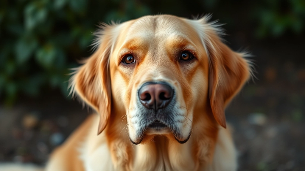 Close-up of a golden retriever's concerned face looking toward camera, soft lighting, natural background, photorealistic