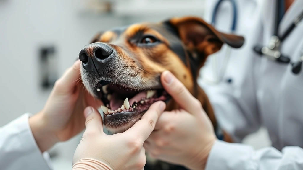 A veterinarian's hands examining a dog's mouth and throat area during a clinical examination, professional medical setting with soft lighting