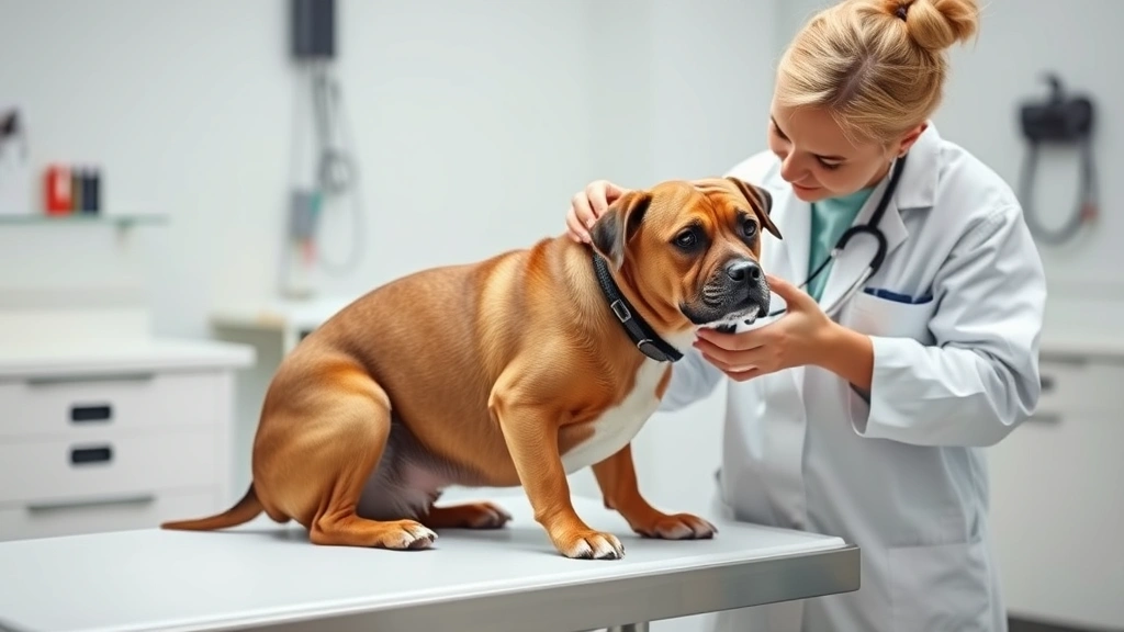 Veterinarian in white coat examining a brown dog on examination table with stethoscope, clinical setting, photorealistic professional environment
