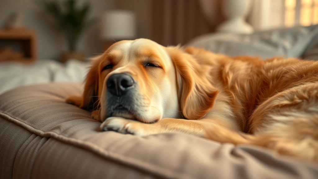 A golden retriever resting on a comfortable bed in a quiet room, peaceful expression, warm indoor lighting suggesting recovery and comfort