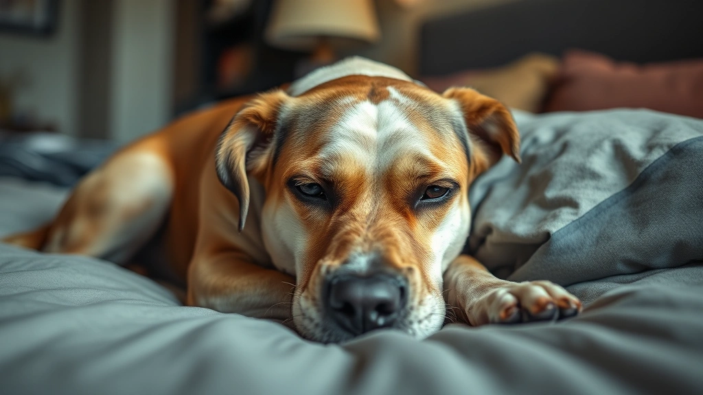 Anxious dog lying on comfortable bed, looking unwell, soft natural lighting, cozy indoor setting, photorealistic emotional expression
