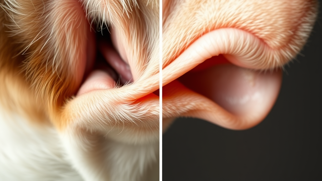 Close-up of healthy dog ear canal and outer ear anatomy for comparison, no text no words no letters