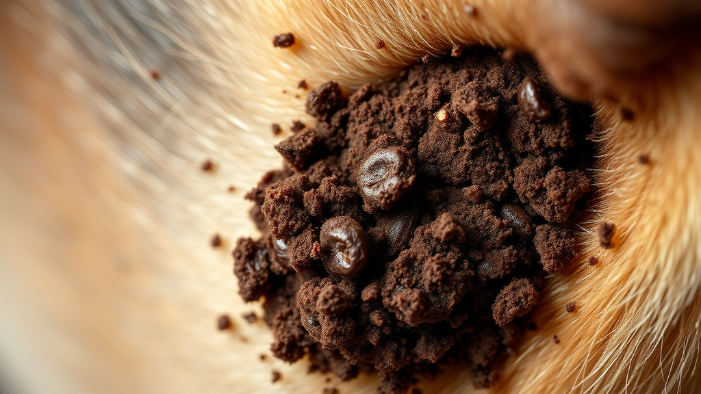 Dark brown crumbly ear discharge resembling coffee grounds in dog ear canal, no text no words no letters