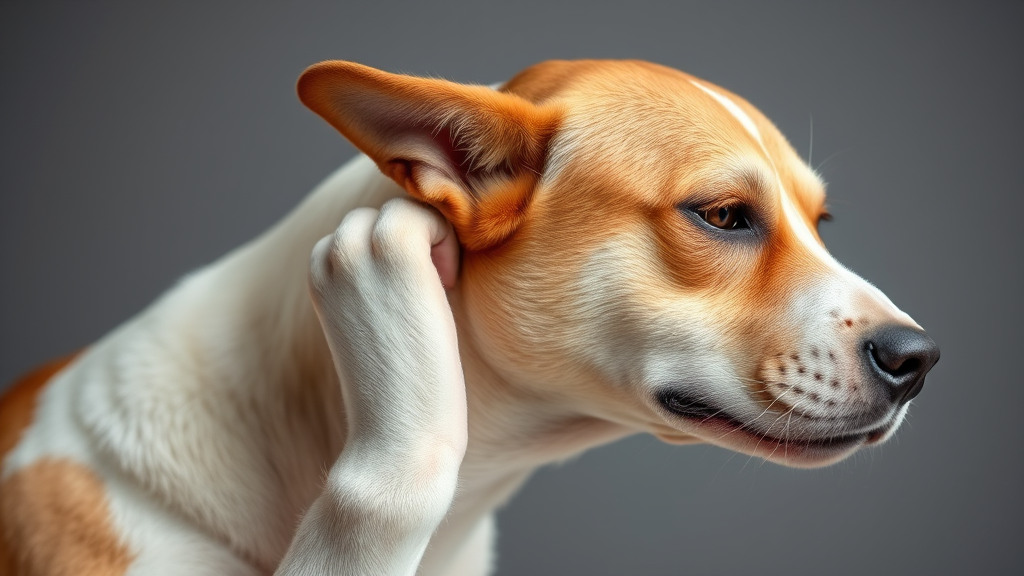Dog scratching ear with paw showing irritation and discomfort behavior, no text no words no letters