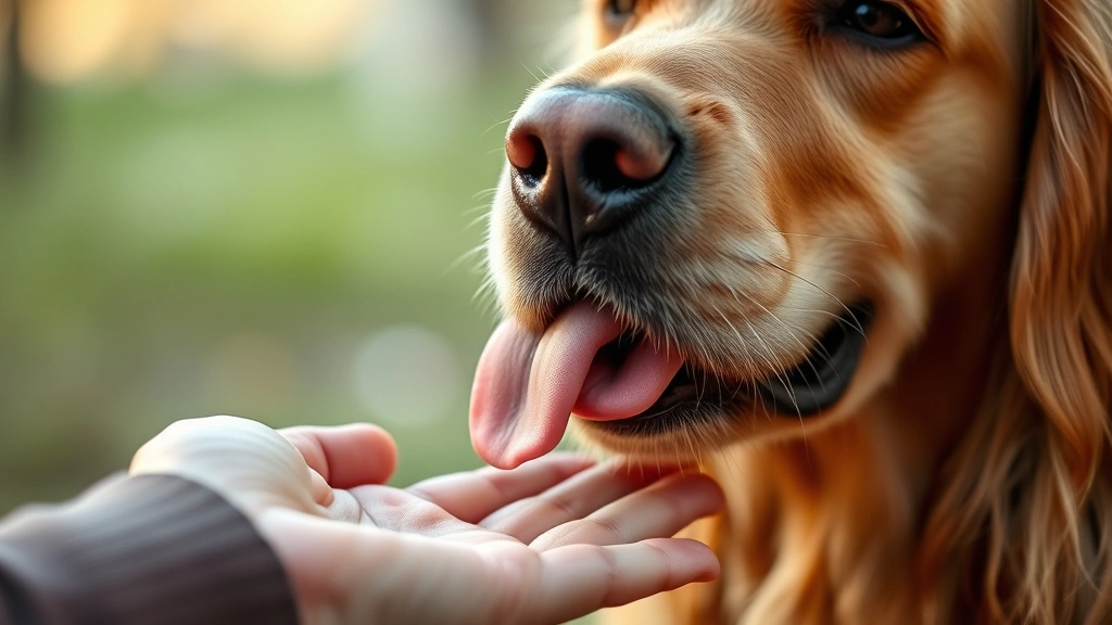 Close-up of a golden retriever's tongue gently touching an owner's open palm, soft natural lighting, intimate moment, warm and tender expression
