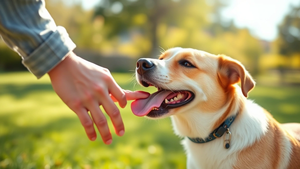 Happy dog with tongue out licking owner's hand during outdoor afternoon playtime, bright sunlight, joyful and energetic, clear canine focus