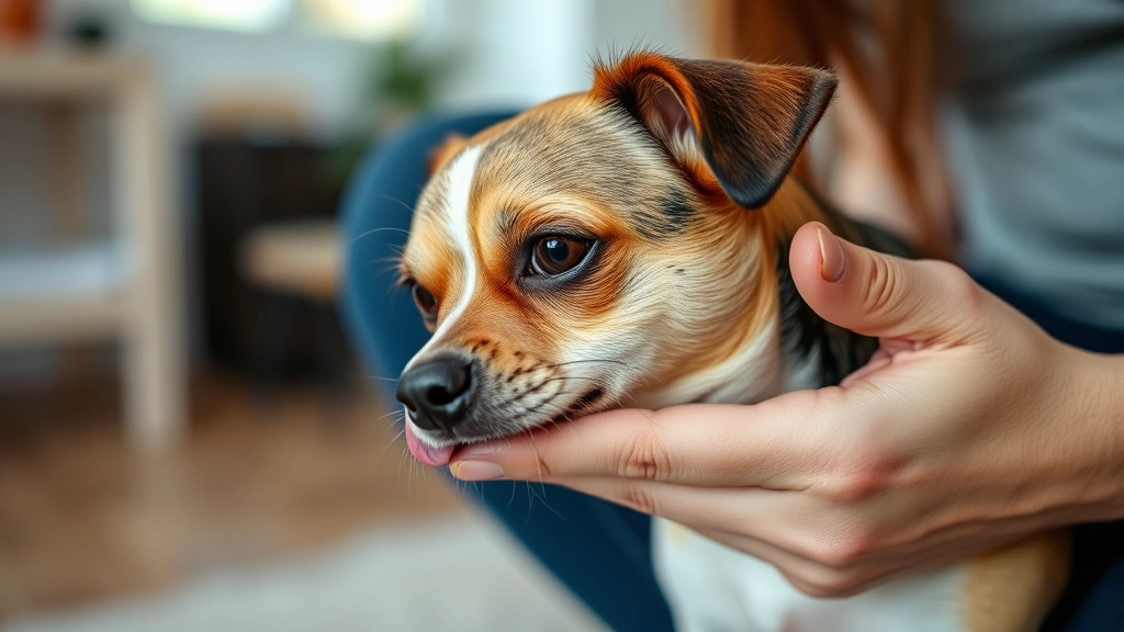 Anxious small dog tentatively licking owner's hand, indoor setting, subtle nervous body language, peaceful reassuring human presence nearby