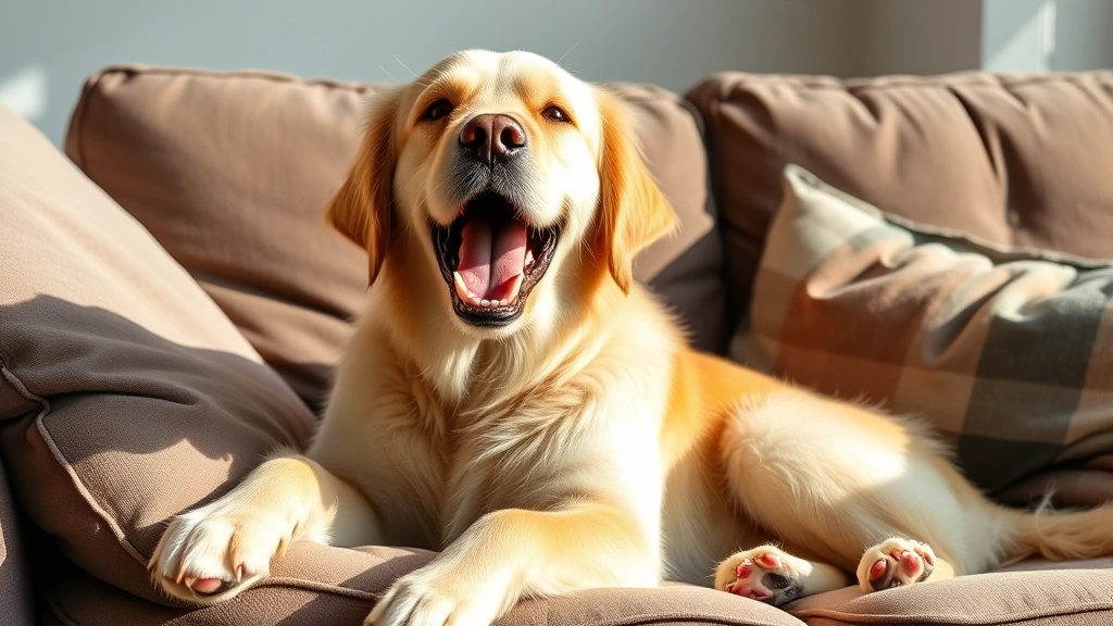 Golden retriever with mouth wide open mid-yawn, relaxed body posture on comfortable couch cushions, natural afternoon lighting