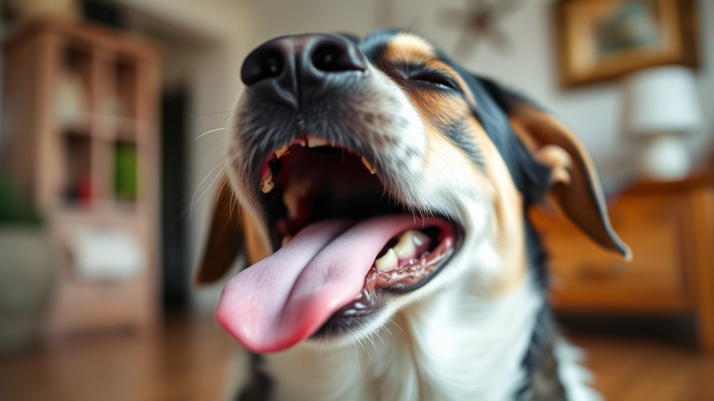 Close-up of dog's face showing yawn with tongue visible, peaceful expression, soft focus background of home interior