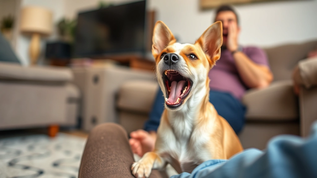 Small terrier yawning while sitting near owner's feet, owner visible yawning in background, living room setting showing mirror behavior