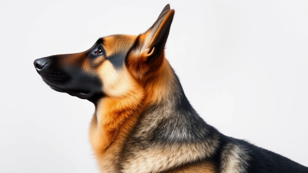 Side profile of a German Shepherd with ears pinned tightly back, showing anxious or fearful body language with tensed posture against neutral background