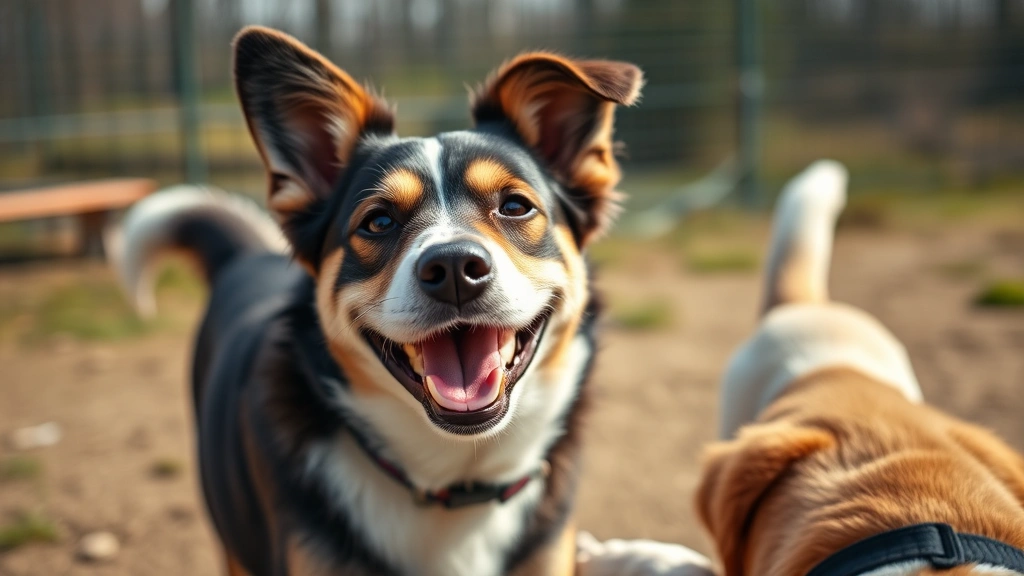 Wide shot of a happy dog at the dog park with ears partially back in a relaxed position, playing with another dog, natural daylight, grass visible