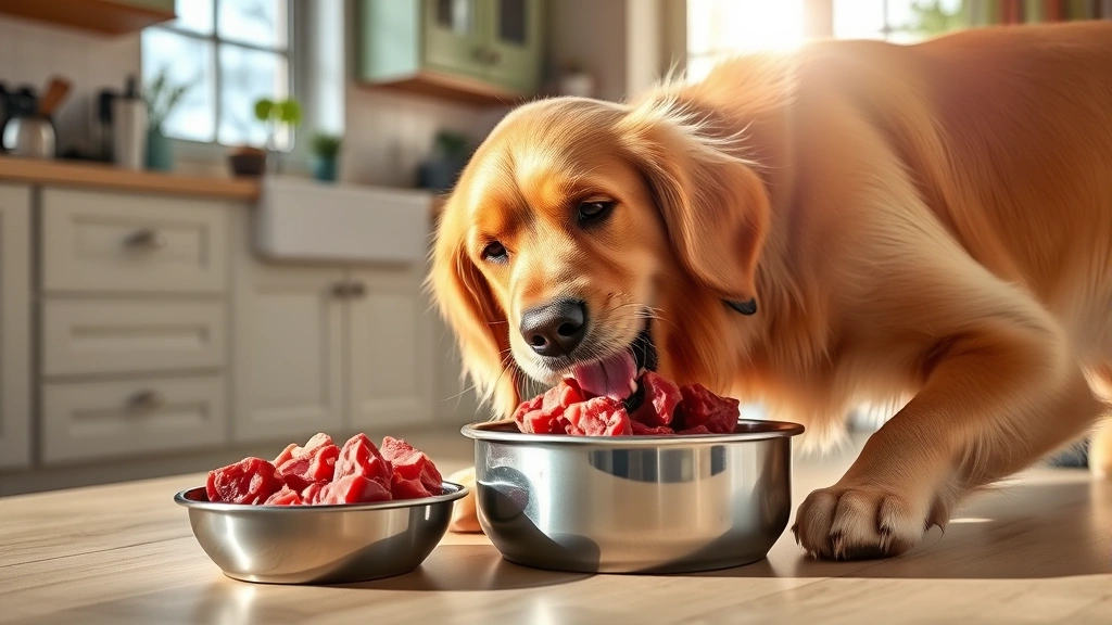 Golden retriever enthusiastically eating raw beef chunks from a stainless steel bowl in a bright kitchen, morning sunlight streaming through windows