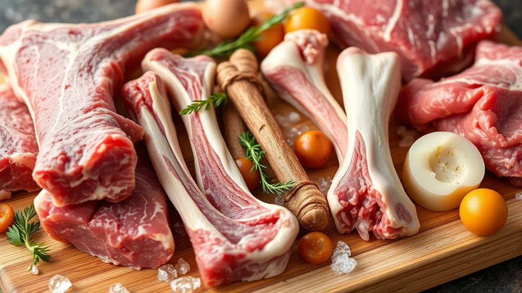 Close-up of raw meaty bones and fresh organ meats arranged on a wooden cutting board with ice packs, showing variety of raw dog food ingredients