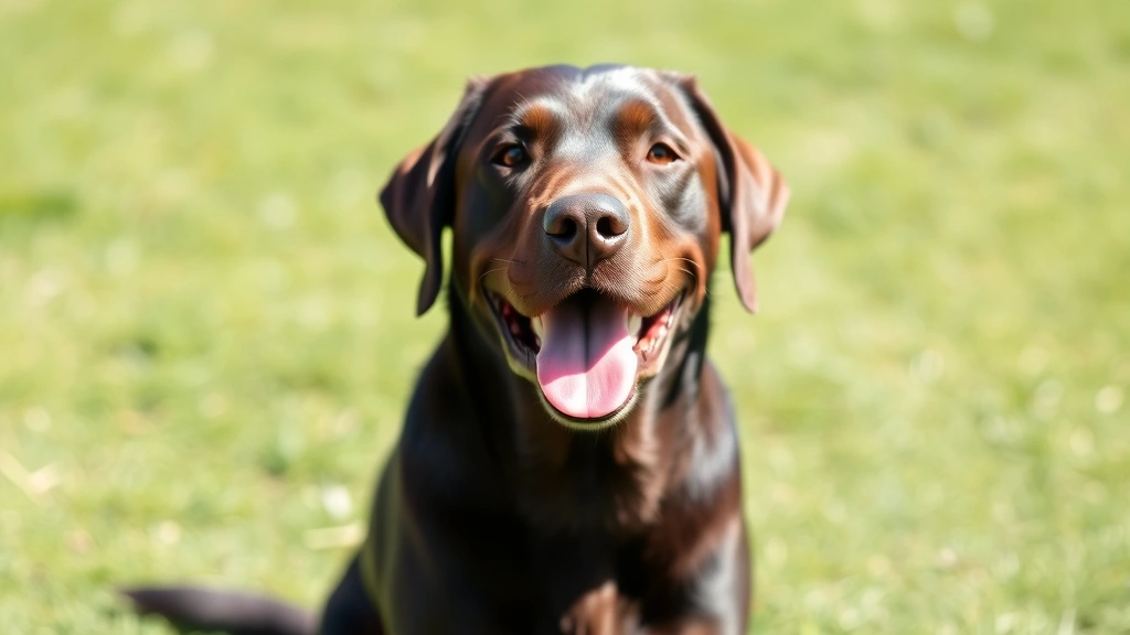 Happy Labrador with glossy coat and bright eyes sitting outdoors in natural sunlight, looking healthy and energetic, grassy background