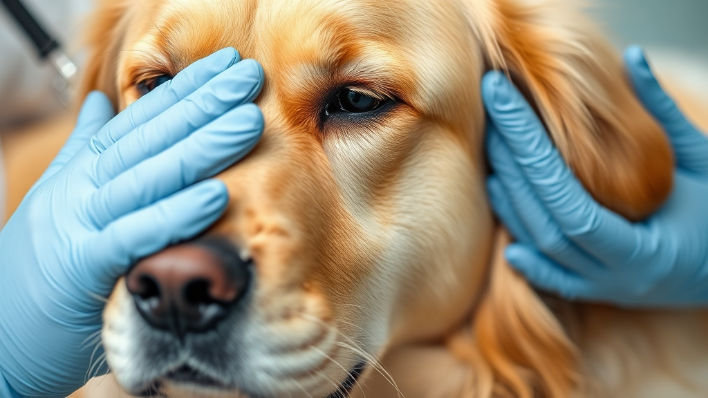 Close up of golden retriever with circular hair loss patch on fur, veterinary examination, no text no words no letters