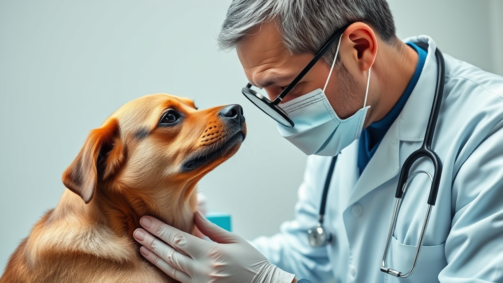 Veterinarian examining dog skin with magnifying glass, medical diagnosis setting, no text no words no letters