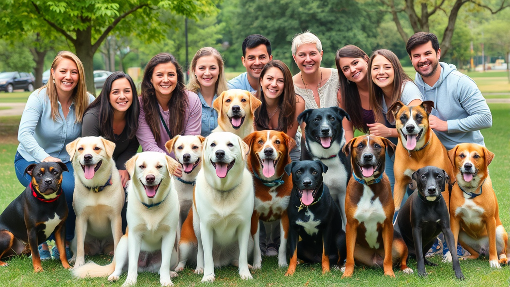 Happy diverse people surrounded by various dog breeds in outdoor park setting, no text, no words, no letters