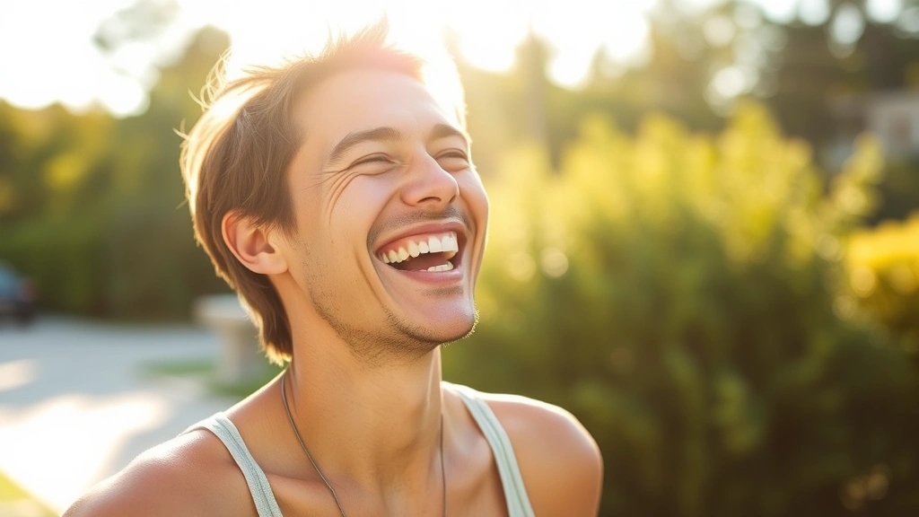 Happy person laughing outdoors in sunlight, relaxed body language, warm natural lighting, candid moment