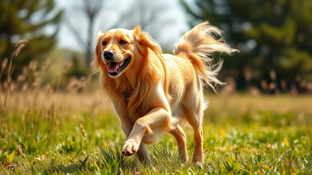 Golden Retriever running through sunny meadow with joy and enthusiasm, golden fur flowing in wind